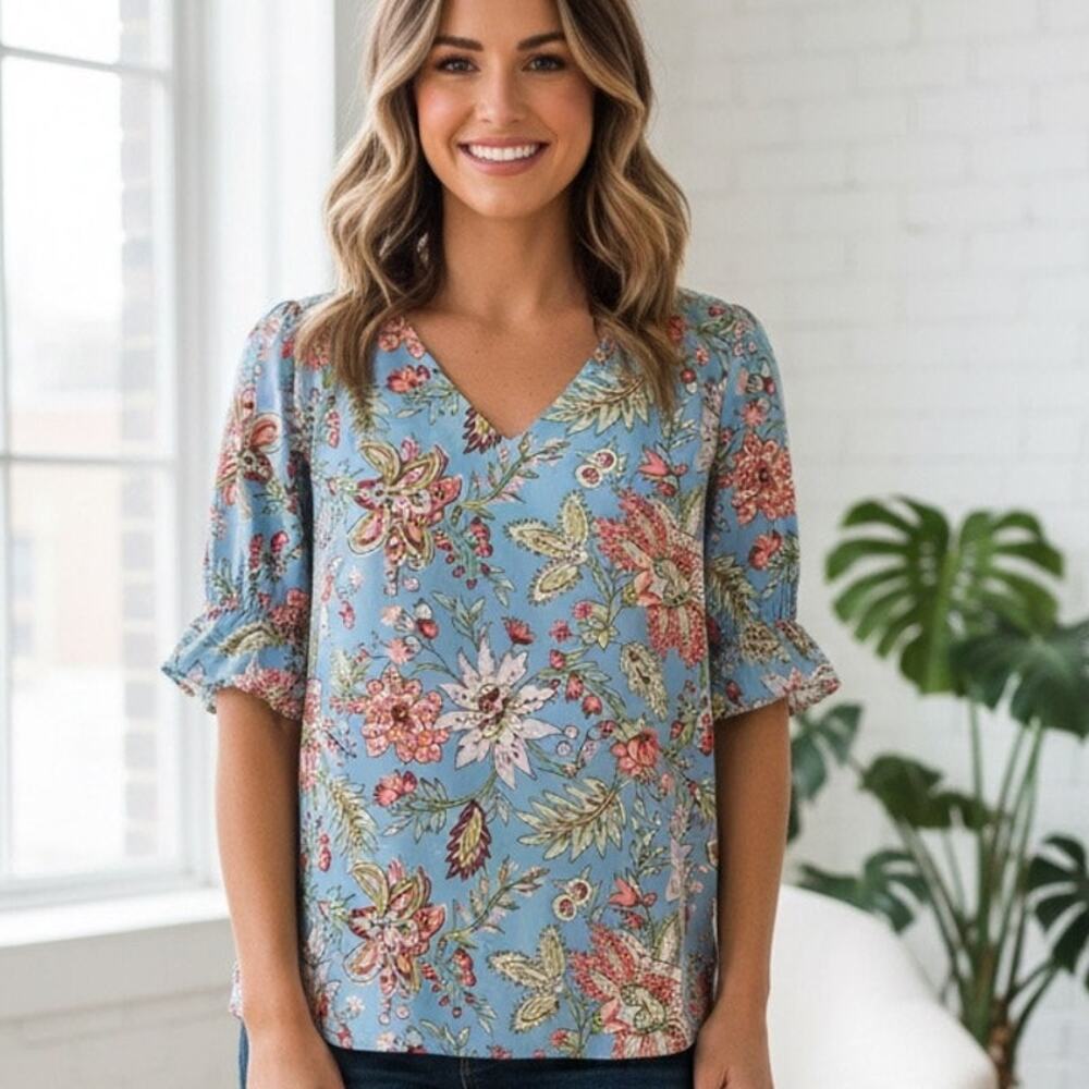 LOFT Blue and Pink Floral 3/4 Ruffle Sleeve Blouse